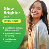 Product highlights graphic stating Glow Brighter with EVERY DROP!, Biotin/Collagen/HA, High Potency Biotin, Liquid Beauty Support.
