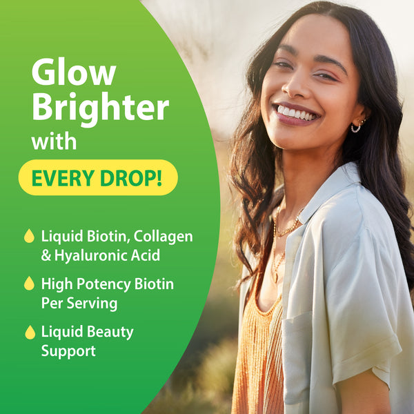 Product highlights graphic stating Glow Brighter with EVERY DROP!, Biotin/Collagen/HA, High Potency Biotin, Liquid Beauty Support.