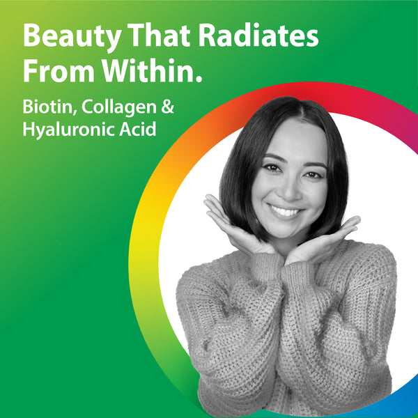 Young adult female smiling, hands cupping face, with text 'Beauty That Radiates From Within. Biotin, Collagen & Hyaluronic Acid'.