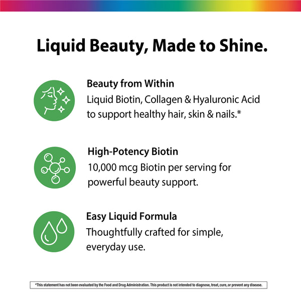 Product highlights graphic stating Liquid Biotin, Collagen & Hyaluronic Acid for hair, skin & nails.*, 10,000 mcg Biotin, Easy Liquid Formula.