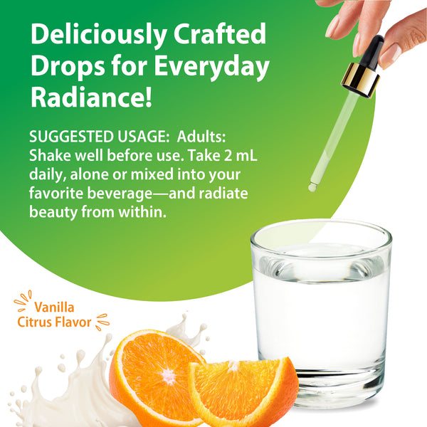 Collagen Biotin Hyal Drops Liquid being dispensed into a glass of water, with oranges & milky splash representing Vanilla Citrus Flavor.
