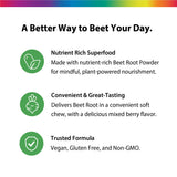 Product highlights graphic stating Nutrient Rich Superfood: Beet Root Powder, Convenient & Great-Tasting: Chew, berry, Trusted Formula: Vegan/Gluten Free/Non-GMO.