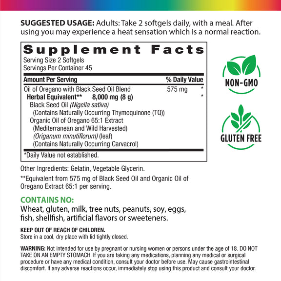Oil of Oregano + Black Seed Oil (Organic) 8000 MG (per serving), 90 Softgels