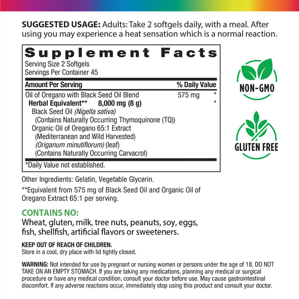 Oil of Oregano + Black Seed Oil (Organic) 8000 MG (per serving), 8000 mg, 90 Softgels