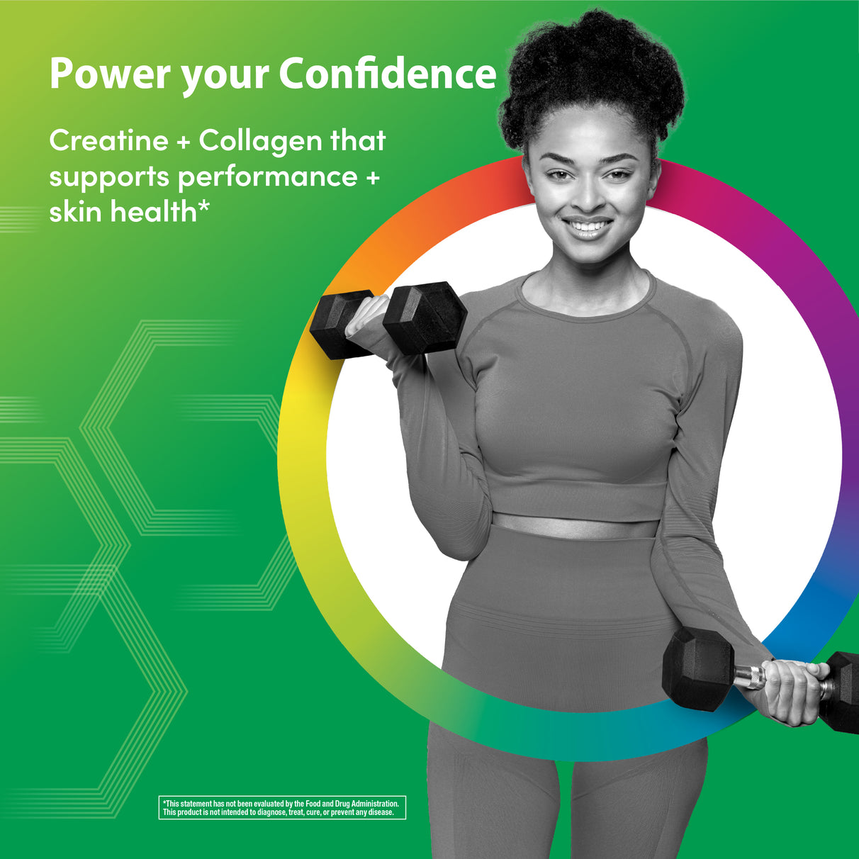 Young woman lifting dumbbells and smiling, with text 'Creatine + Collagen'.
