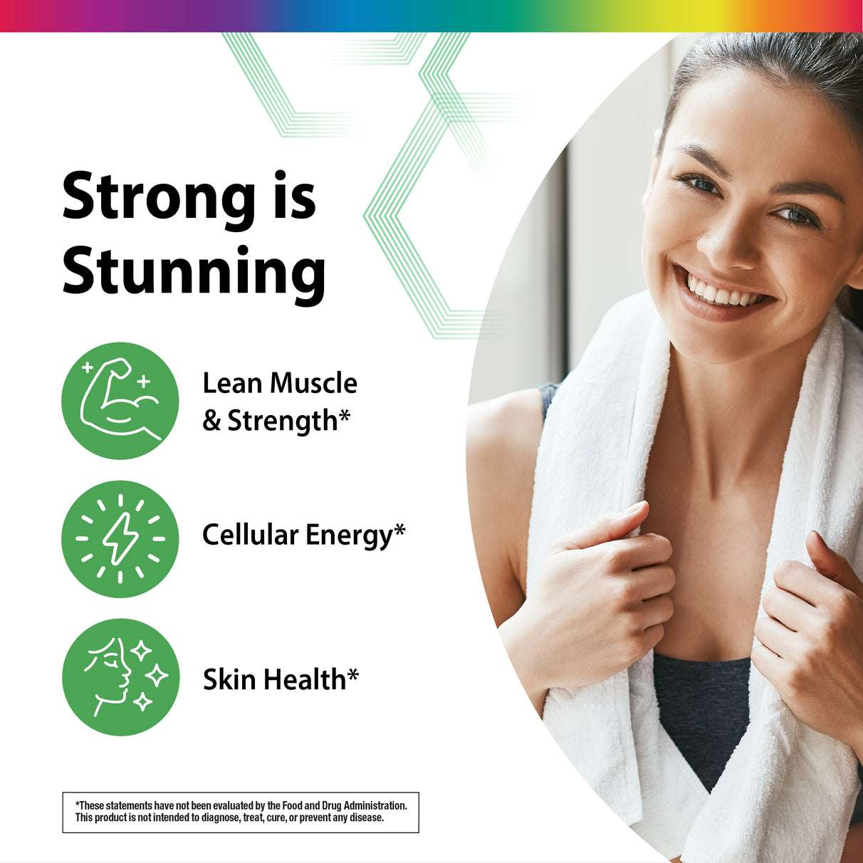 Product highlights graphic stating Lean Muscle and Strength*, Cellular Energy*, Skin Health*.