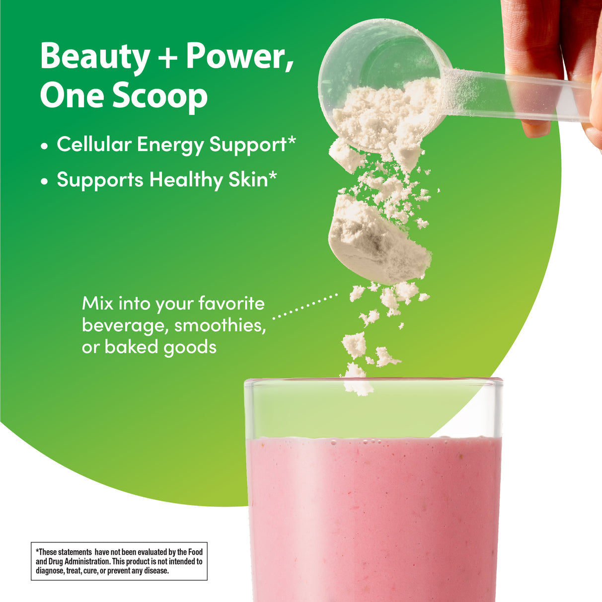 RL Creatine + Collagen powder being added to a pink drink. Text: 'Beauty + Power, One Scoop', 'Cellular Energy Support'.