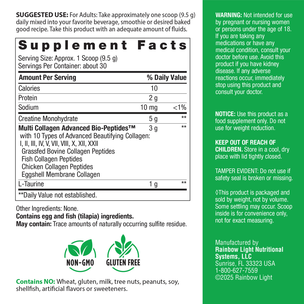 Supplement Facts for RL Creatine + Collagen Powder, 285 grams, shown on panel.
