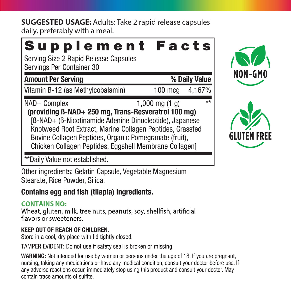 Supplement Facts panel for RL NAD Collagen Resveratrol, 60 capsules.