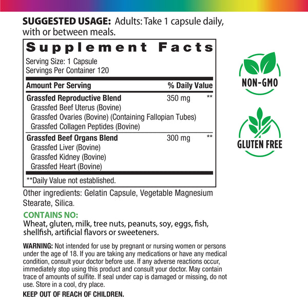 Supplement Facts panel for RL Beef Organs For Women 120 Capsules, with Non-GMO and Gluten Free badges.
