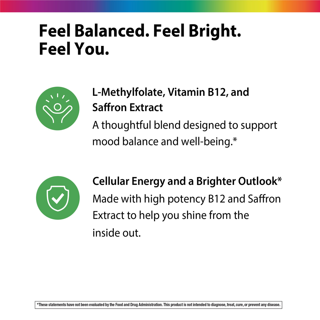 Product highlights graphic stating L-Methylfolate, B12, Saffron Extract for mood balance/well-being, Cellular Energy/Brighter Outlook from B12/Saffron.
