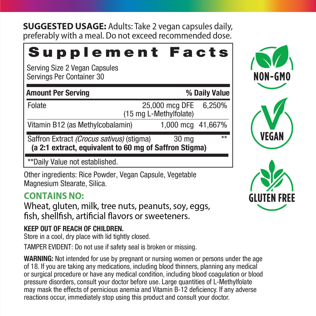 Supplement Facts panel for RL Methylfolate Saffron B12 60 Capsules displayed clearly.