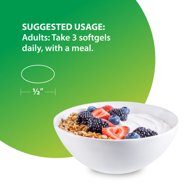 Oval softgel, 1/2 inch size. Adults take 3 softgels daily with a meal.