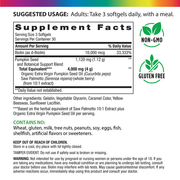 Supplement Facts panel detailing ingredients for Pumpkin Seed Saw Palmetto 90 Softgels.