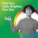 A young woman meditates with closed eyes and hands in mudra. Graphic text: 'Find Your Calm, Brighten Your Day'.