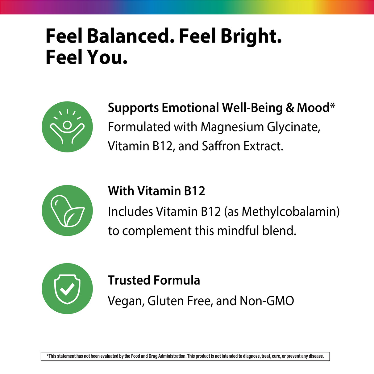 Product highlights graphic stating Supports Mood* (Magnesium, B12, Saffron), Vitamin B12 (Methylcobalamin), Vegan, Gluten Free, Non-GMO Formula