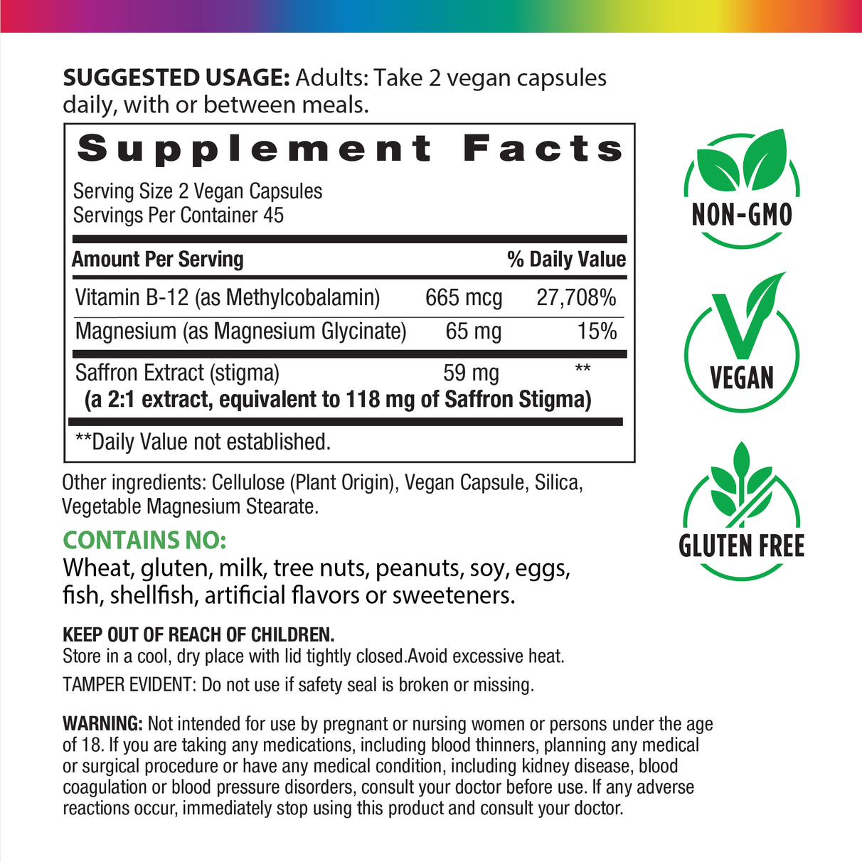 Supplement Facts for Mood Saffron Magnesium, 90 capsules, displayed on the panel.