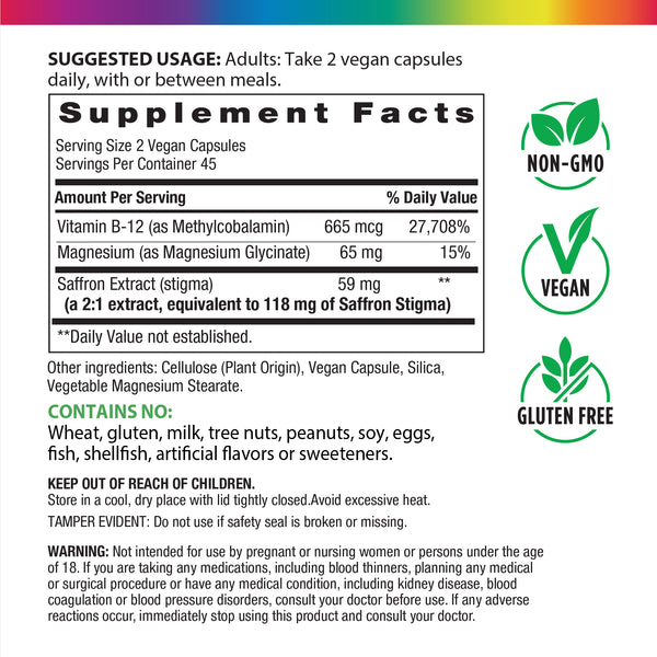 Saffron+ Magnesium Glycinate with B12, 90 Vegan Capsules