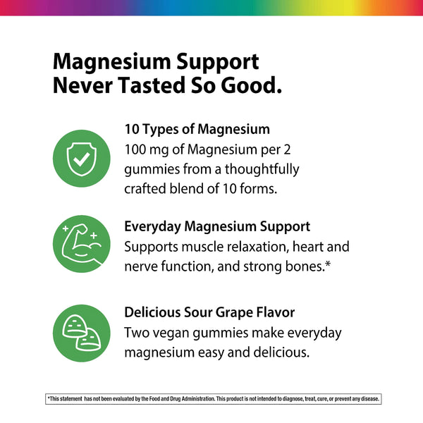 10 Magnesium Gummies Sour Grape Flavor, 60 Vegan Gummies