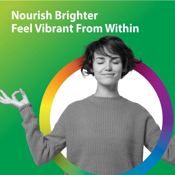 Young woman meditating with eyes closed, hands in mudra. Text: Nourish Brighter, Feel Vibrant From Within.