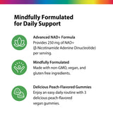 Product highlights graphic stating 250 mg NAD+ per serving, Non-GMO, vegan, gluten-free, 3 peach vegan gummies daily.
