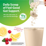 Product highlights graphic stating Daily Scoop of Feel-Good Gut Support, 10g Clear Fiber Per Serving, Delicious Raspberry Lemon Flavor.