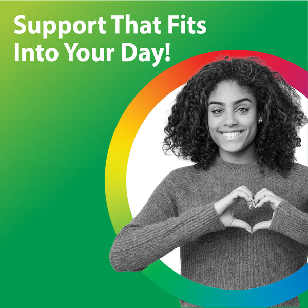 Smiling young woman making a heart with her hands. Text: 'Support That Fits Into Your Day!' for L-Methylfolate Liquid.