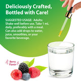 A hand uses a dropper to add Berry Flavor L-Methylfolate Liquid to water. Usage instructions included.