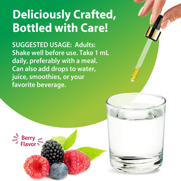 A hand uses a dropper to add Berry Flavor L-Methylfolate Liquid to water. Usage instructions included.
