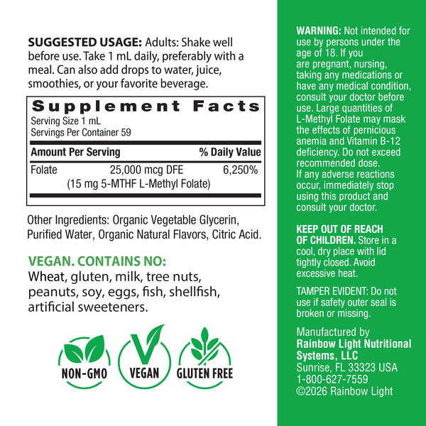 Supplement Facts panel detailing L-Methylfolate 15 mg in a 2 oz liquid form.