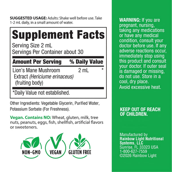 Supplement Facts panel for Lion's Mane Mushroom Liquid, 2 fluid ounces.