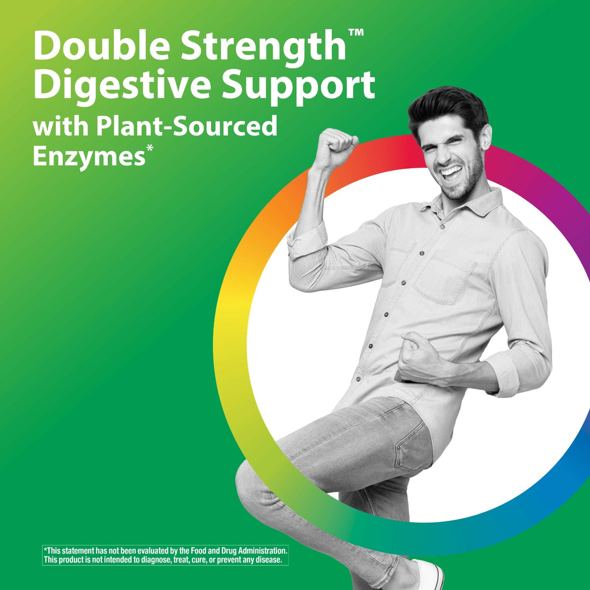 Man smiling and flexing biceps, with text 'Double Strength Digestive Support with Plant-Sourced Enzymes' for All-Zyme.