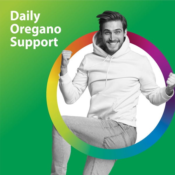 Young man smiling and clenching fists energetically with the text 'Daily Oregano Support' displayed.