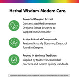 Product highlights graphic stating Powerful Oregano Extract, immune support, Active Carvacrol from Oregano, Mediterranean wellness tradition.