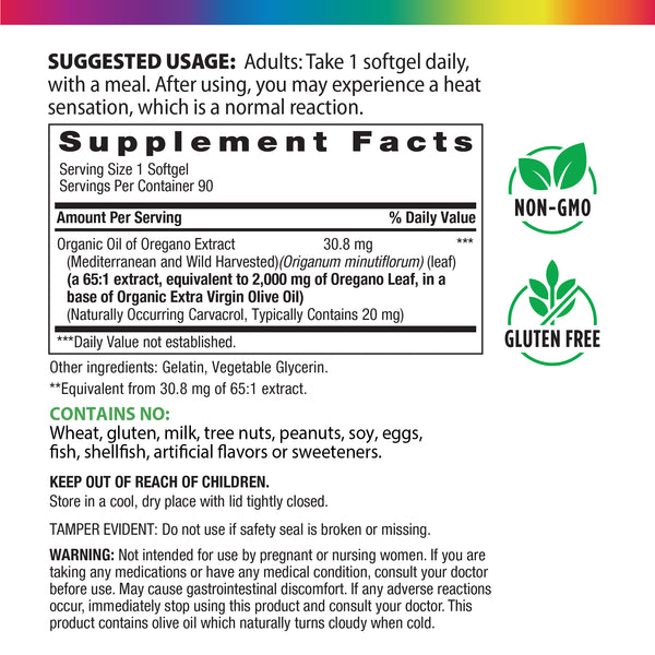 Supplement Facts panel displaying Oil of Oregano 1500 mg, 90 Softgels.
