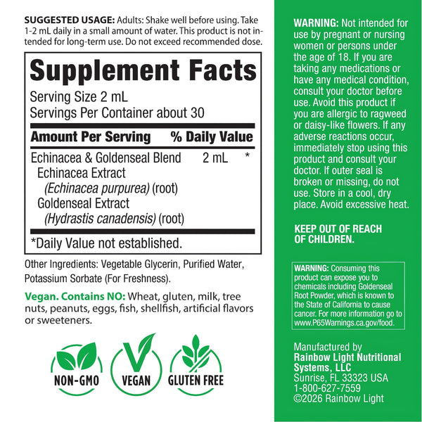 Supplement Facts panel for Echinacea & Goldenseal Liquid Extract, 2 fl oz bottle, displaying nutritional information.