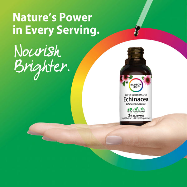 Adult hand holding a bottle of Echinacea liquid extract, with a dropper dispensing liquid into the palm.