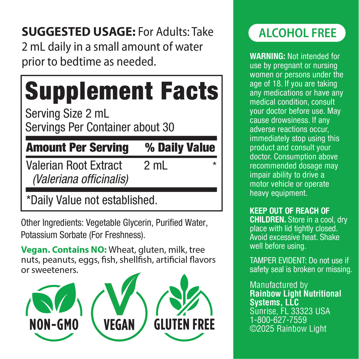 Supplement Facts panel for RL Valerian Root Extract 2 fl oz, detailing ingredients and nutritional information.