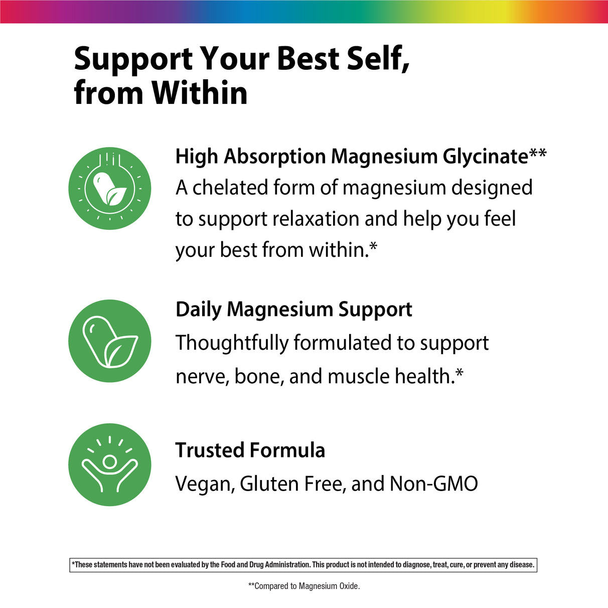 Product highlights graphic stating Mag Glycinate: High absorb, relaxation, Magnesium: Nerve, bone, muscle health, Trusted Formula: Vegan, Gluten Free, Non-GMO