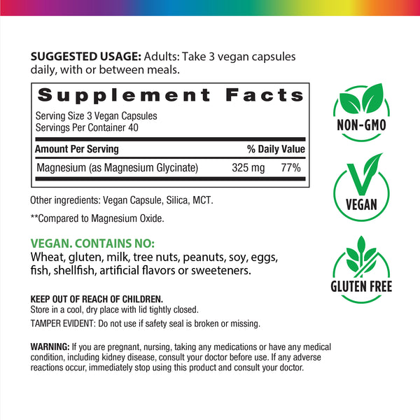 Glicinato de Magnesio 325 mg, 120 Cápsulas Veganas