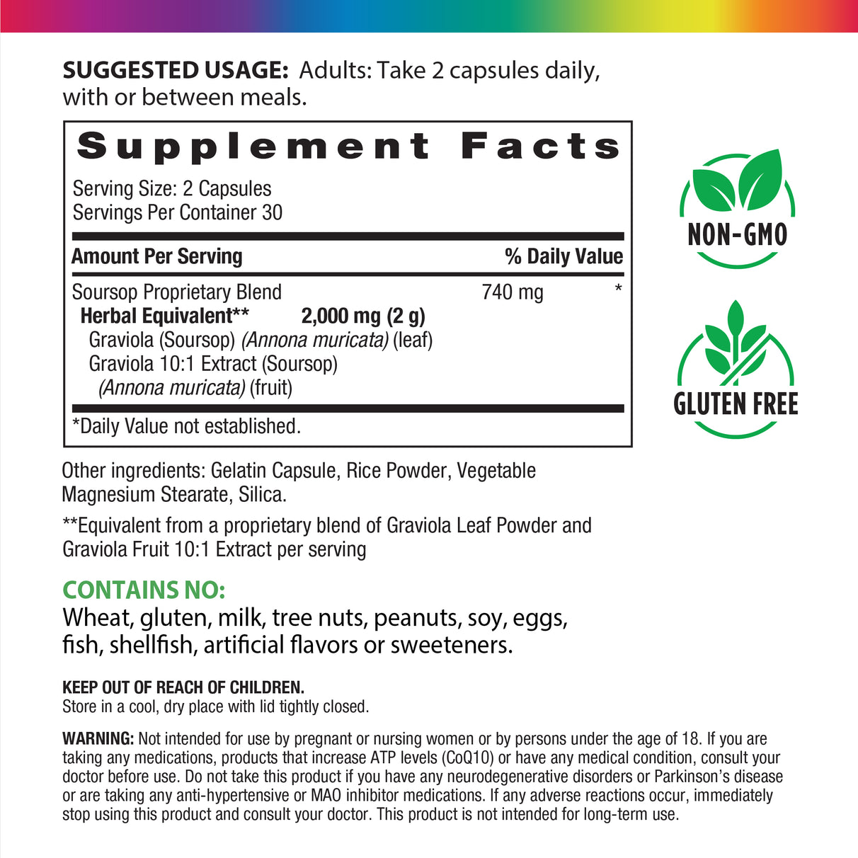 Supplement Facts for Graviola Soursop 2000 mg 60 Capsules.