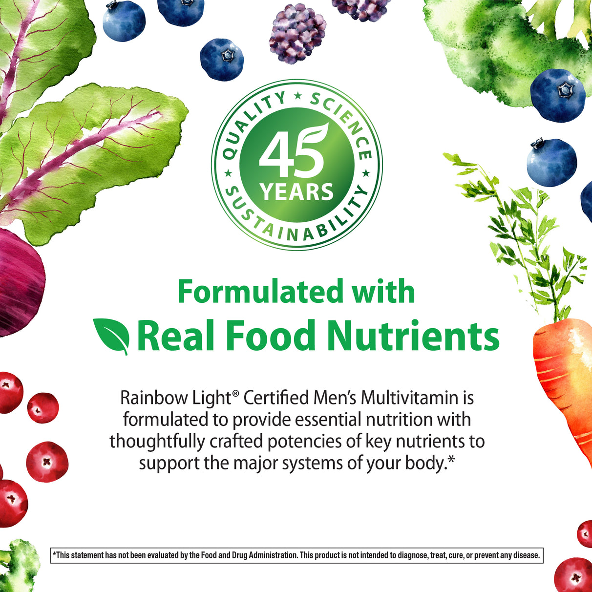 Infographic stating: Quality, Science, 45 Years, Sustainability, and Formulated with Real Food Nutrients for Men's Multivitamin.