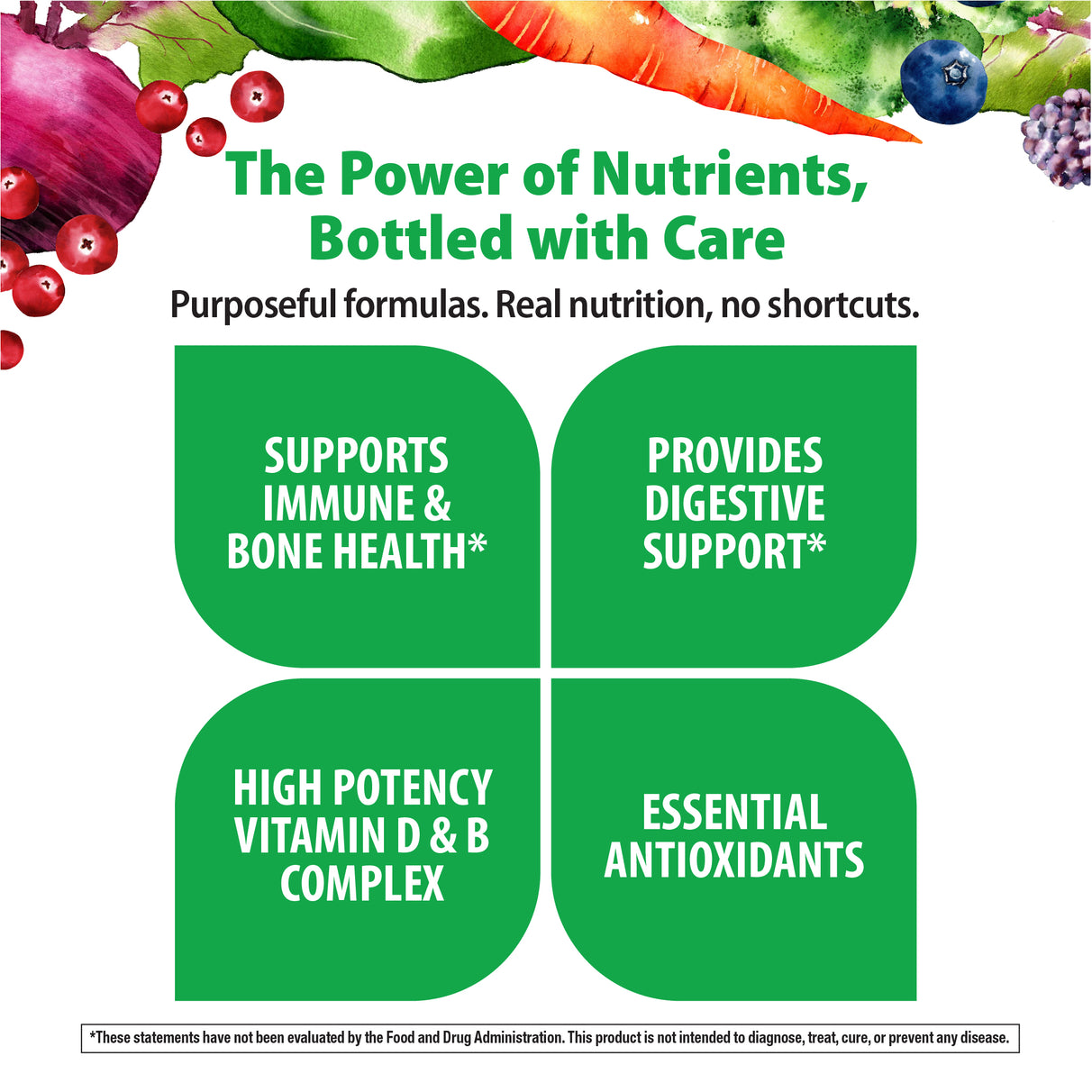 Product highlights graphic stating SUPPORTS IMMUNE & BONE HEALTH*, PROVIDES DIGESTIVE SUPPORT*, POTENT VITAMIN D & B COMPLEX, ESSENTIAL ANTIOXIDANTS