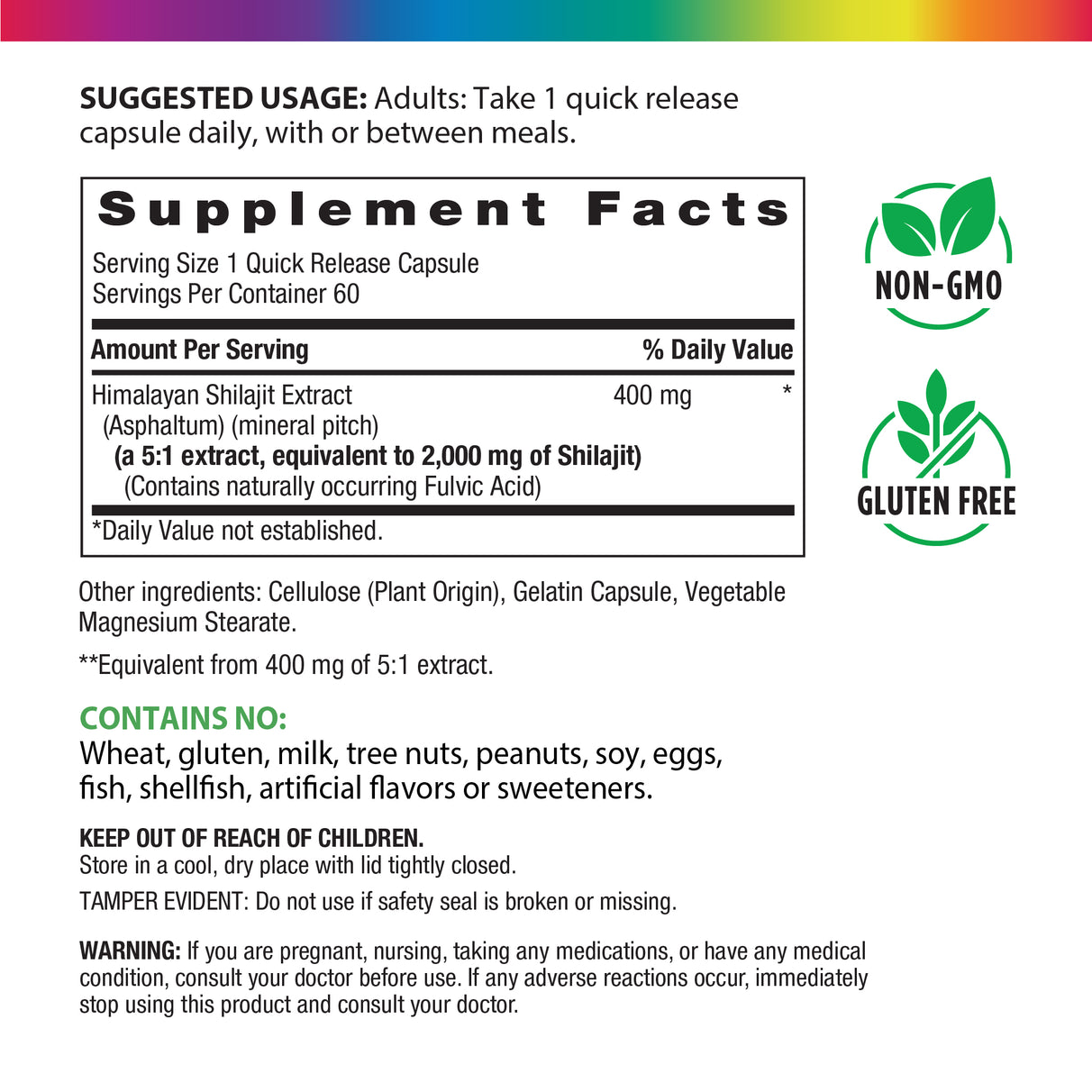Supplement Facts panel for RL Shilajit containing 60 capsules.
