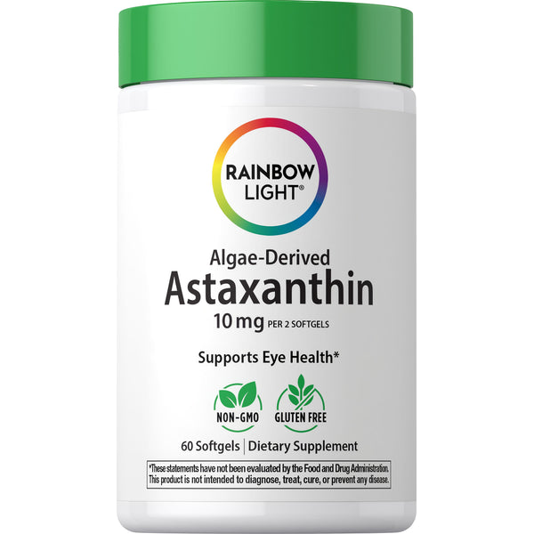 Rainbow Light Algae-Derived Astaxanthin softgels, 10 mg per 2 softgels, total 60 softgels.