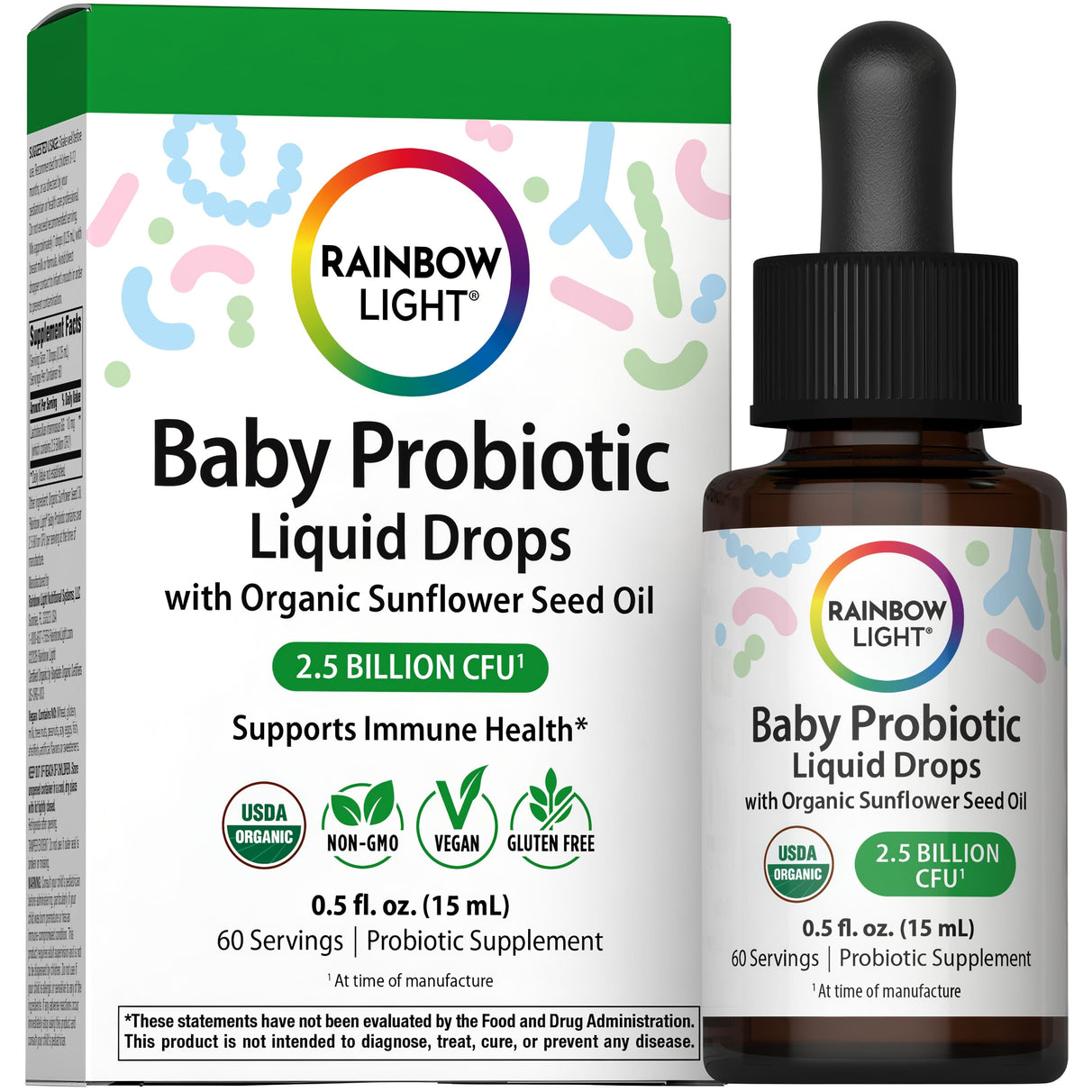 Baby Probiotic Liquid Drops with Organic Sunflower Seed Oil, 2.5 Billion CFU¹, 0.5 fl. oz. (15 mL), 60 servings.