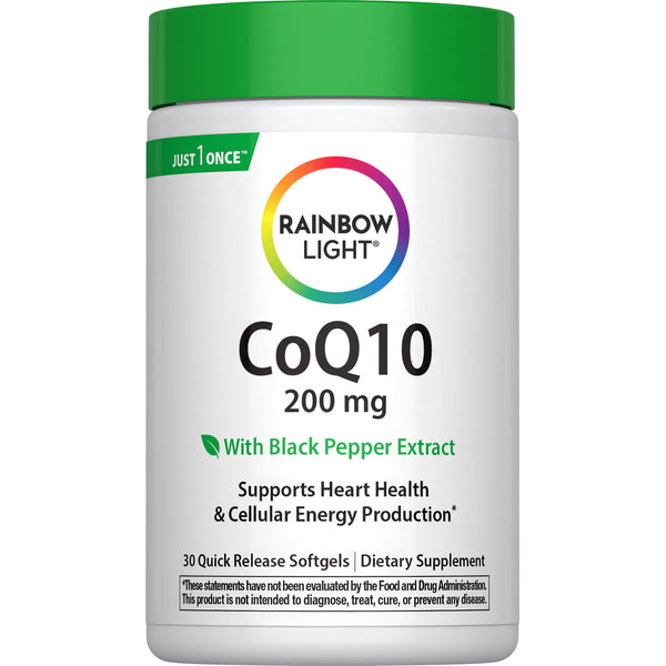 CoQ10 200 mg 30 Quick Release Softgels with Black Pepper Extract support heart health and cellular energy production.