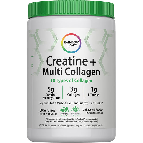 Unflavored creatine and multi-collagen powder in a 10 oz. container with 30 servings.