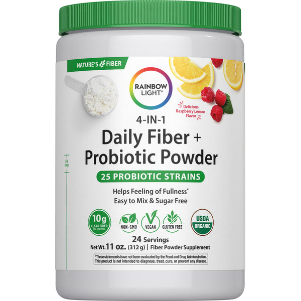 A 4-IN-1 Daily Fiber + Probiotic Powder in Raspberry Lemon flavor, featuring 10g Clear Fiber and 25 Probiotic Strains, USDA Organic, 11 oz.