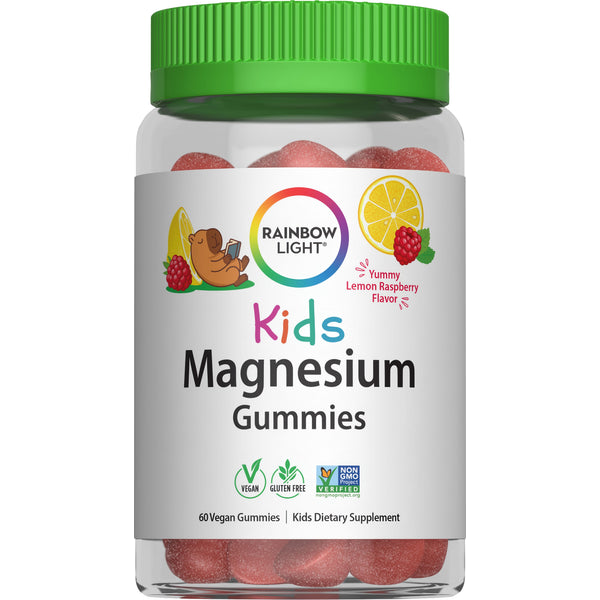 Kids Magnesium Gummies, 60 vegan gummies, lemon raspberry flavor. Vegan, gluten free and Non-GMO Project Verified.